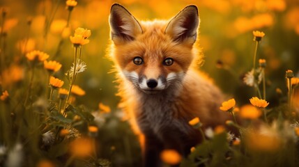 Obraz premium a small fox standing in a field of yellow wildflowers. generative ai