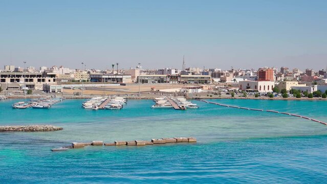 Yanbu, Saudi Arabia - Mar 16 2023, 4k, Aerial view panorama marina and port Lighthouse, Yanbu, Saudi Arabia