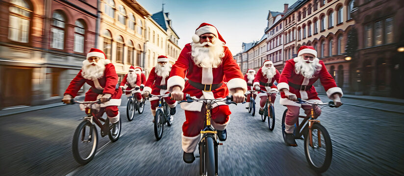 Santa Claus team riding bicycles. AI generated.