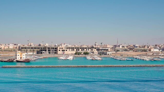 Yanbu, Saudi Arabia - Mar 16 2023, 4k, Aerial view panorama marina and port Lighthouse, Yanbu, Saudi Arabia