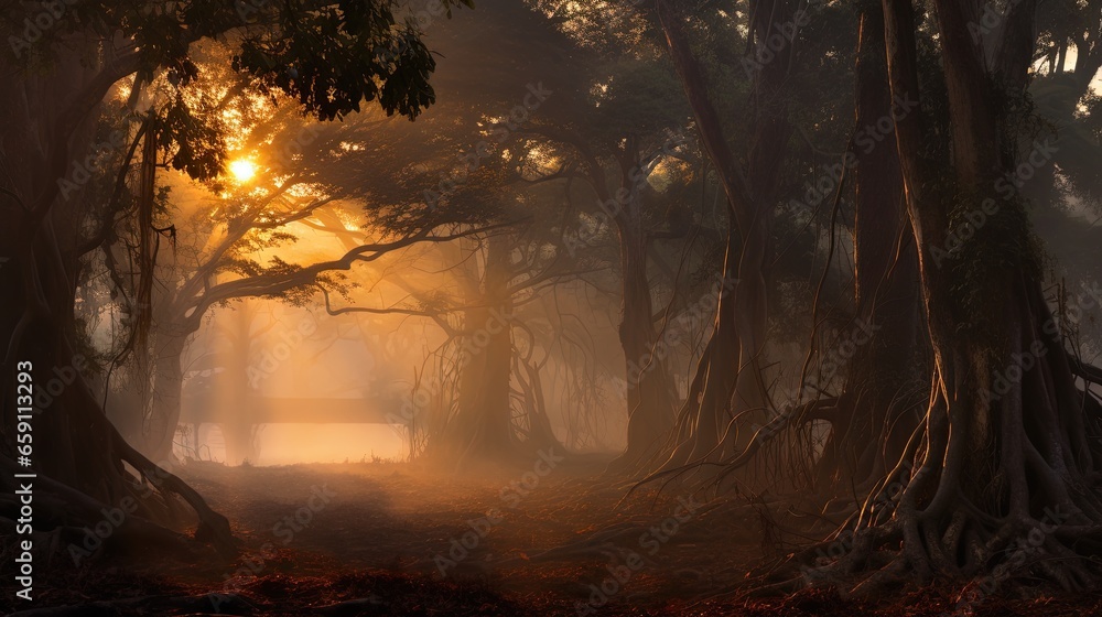 Poster a foggy forest with a bench in the middle of it. generative ai