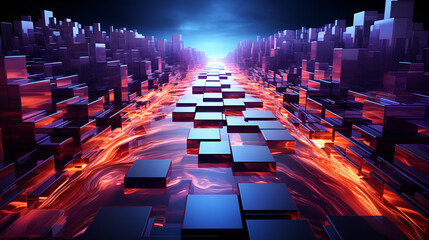 Obraz premium A road with shiny blue cubes in hot orange liquid, in the style of bold futurism