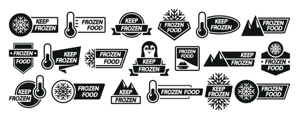 Frozen Product Monochrome Labels Set. Keep Frozen Badges For Packages. Frozen Food Logo, Stickers Or Tags With Snowflake