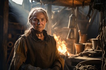 Blacksmith old woman work forge. Worker workshop. Generate Ai