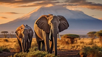 Küchenrückwand glas motiv Kilimandscharo elephants in front of kilimanjaro