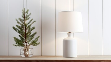 Blank Canvas for Greetings, the lamp and fir sprig against the wooden background, a large open space on the left. This blank canvas is perfect for adding personalized holiday greetings
