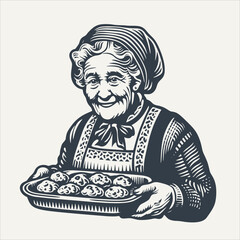 Grandma holding tray of cookies. Vintage woodcut engraving style vector illustration.