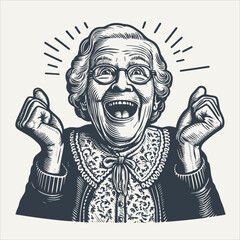 Excited emotional grandma with open mouth. Vintage woodcut engraving style vector illustration.	
 - obrazy, fototapety, plakaty