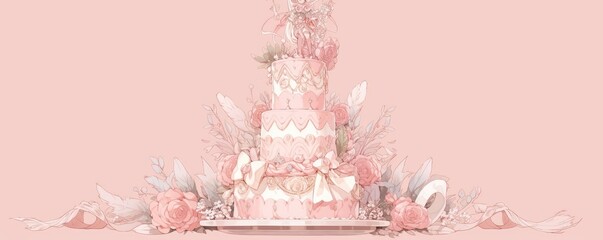 Pink anime style illustration of a beautifully decorated cake