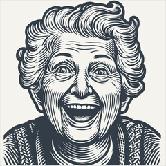 Excited emotional grandma with open mouth. Vintage woodcut engraving style vector illustration.	
