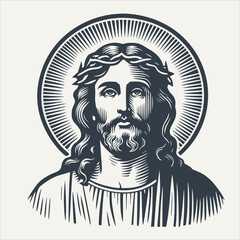 Jesus with crown of thorns and halo. Vintage woodcut engraving style vector illustration.	

