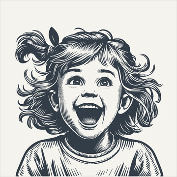 Portrait of excited young girl looking with fascination. Vintage woodcut engraving style vector illustration.