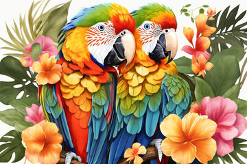 South American colorful parrot with tropical leaves  - obrazy, fototapety, plakaty