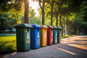 Different color recycling bins in city park bins for collection of recycle materials.