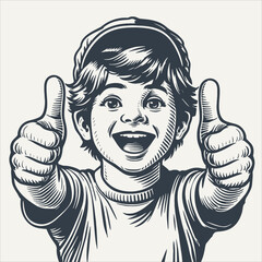 Young child showing thumbs up. Vintage woodcut engraving style vector illustration.