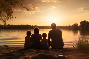 Silhouette of a family having a picnic by the lake happily - obrazy, fototapety, plakaty