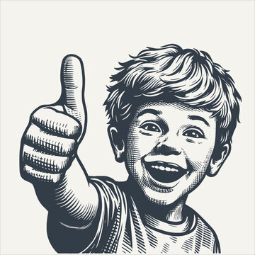 Young boy showing thumb up. Vintage woodcut engraving style vector illustration.