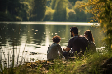 Silhouette of a family having a picnic by the lake happily