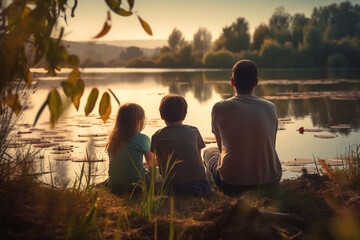 Silhouette of a family having a picnic by the lake happily