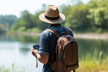 Male tourist looking at map on smartphone at lakeside