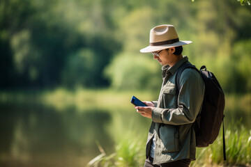 Male tourist looking at map on smartphone at lakeside