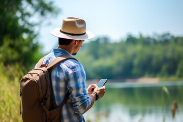 Male tourist looking at map on smartphone at lakeside
