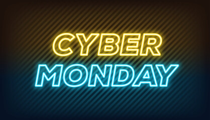 Neon Cyber Monday Sale, banner design. Outline neon italic text Cyber Monday on textured background. Yellow blue text template for animation, digital ad, social media banners. Vector illustration