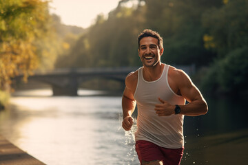 Healthy man jogging at the riverside