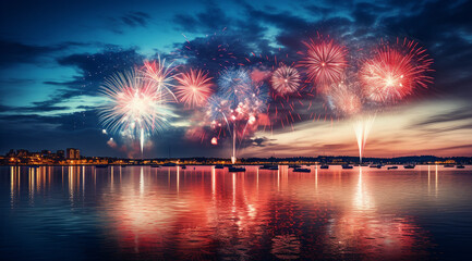 Starlit Celebration, Spectacular Blue, White, and Red Fireworks Illuminating the Night Sky on the 4th of July � A Patriotic Tribute to the USA