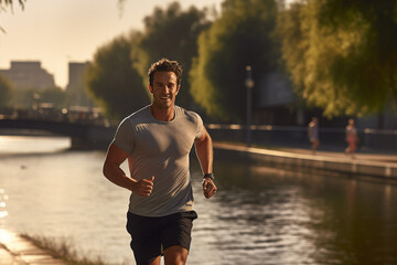 Healthy man jogging at the riverside - obrazy, fototapety, plakaty