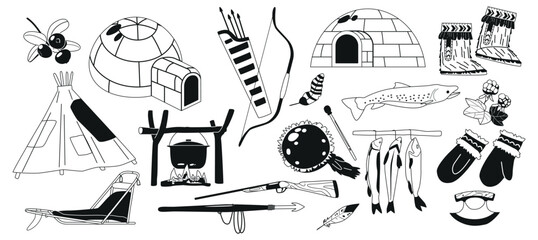 Set of Inuit Items and Traditional Tools. Black and White Igloo, Gloves, Mukluks, Ulu, And Harpoon. Sled, Tambourine © Pavlo Syvak