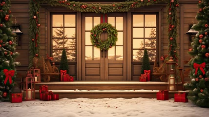 Gardinen house and fir tree, elegantly decorated home porch with a Christmas wreath on the door, perfect canvas for announcing holiday events, wishes or messages. © lililia