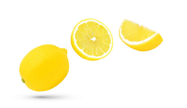 Whole, half and slice fresh lemon fruit falling in the air isolated on white background.