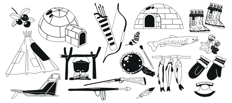 Set of Inuit Items and Traditional Tools. Black and White Igloo, Gloves, Mukluks, Ulu, And Harpoon. Sled, Tambourine