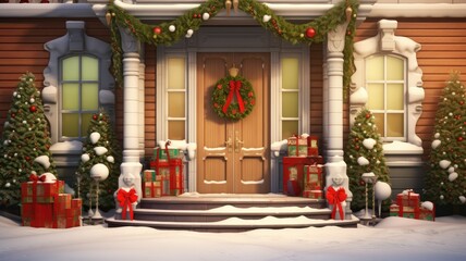 Obraz premium house and fir tree, elegantly decorated home porch with a Christmas wreath on the door, perfect canvas for announcing holiday events, wishes or messages.