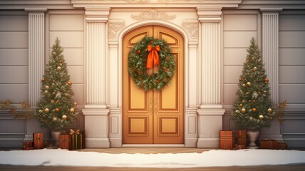 house and fir tree, elegantly decorated home porch with a Christmas wreath on the door, perfect canvas for announcing holiday events, wishes or messages.