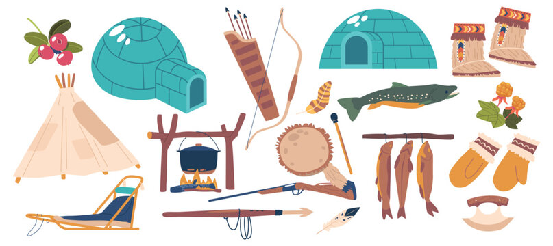 Set of Inuit Items. Igloo, Gloves, Mukluks, Ulus, And Harpoon. Sled, Tambourine, Cauldron and Fish. Bow, Arrows, Feather
