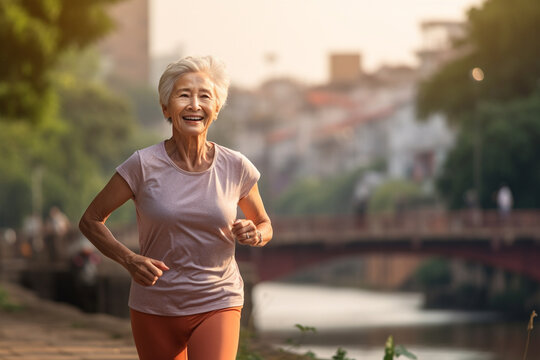 Healthy senior woman jogging at the riverside