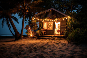 Cottage house for a restaurant on the beach with bright lights