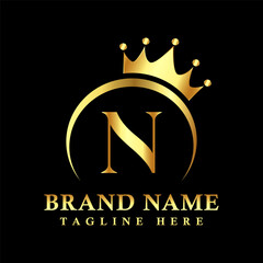 N letter logo design with golden crown vector.
