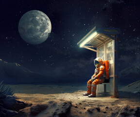 Astronaut in full space gear sits at a bus stop at night waiting for a transport. Sci fi concept