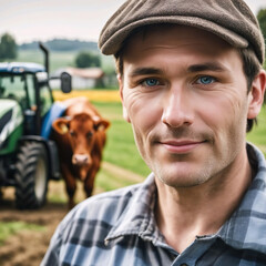Retrato de un granjero con una gorra y un tractor una vaca y una granja de fondo 