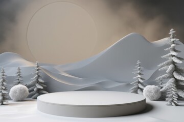 Winter pedestal, podium, platform for advertising products. The podium is surrounded by snow, winter snow trees, Christmas trees.