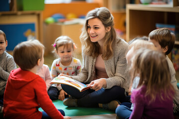 children in kindergarten at a reading lesson - obrazy, fototapety, plakaty