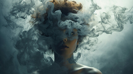 mysterious woman in smoke with beautiful hair portrait, golden hair grey smoke, high fashion model