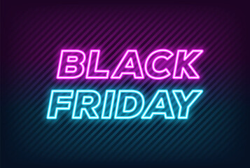 Neon Black Friday Sale, banner design. Outline neon italic text Black Friday on textured background. Purple blue text template for animation, digital ad, social media banners. Vector illustration