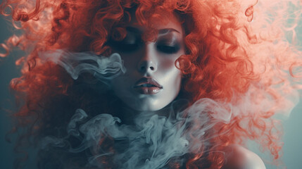 mysterious woman in smoke with beautiful hair portrait, crimson red hair blue smoke, high fashion model