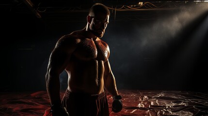 Fototapeta na wymiar Dramatic portrait of Athletic man on dark background. Martial arts athlete, AI