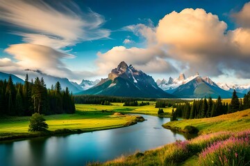 Fototapeta premium A captivating summer day landscape emerges like a painting come to life - AI Generative