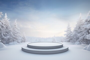 Winter pedestal, podium, platform for advertising products. The podium is surrounded by snow, winter snow trees, Christmas trees. - obrazy, fototapety, plakaty